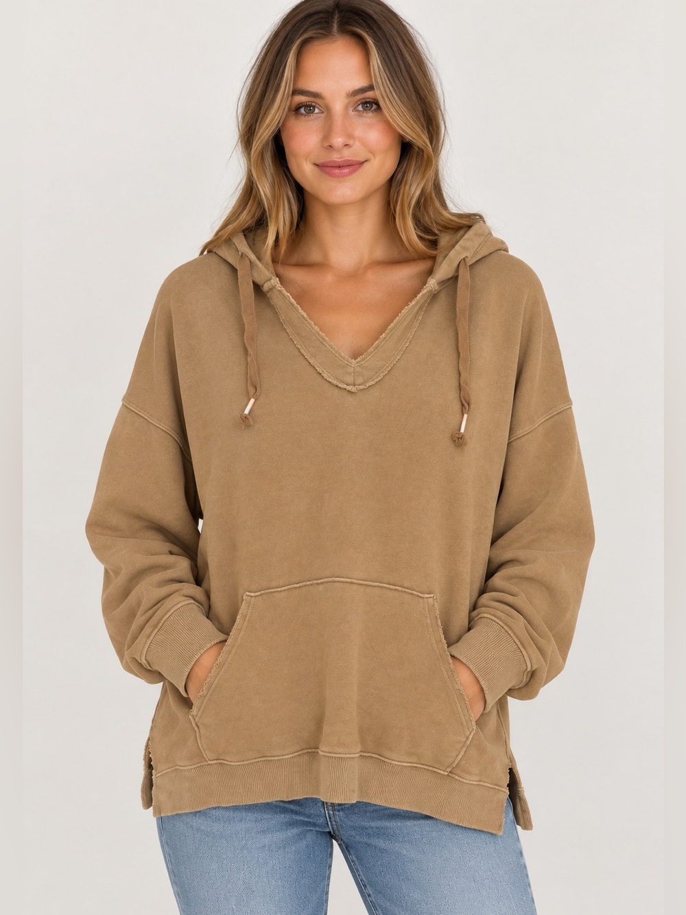 Aerie Barefoot V-Neck Hoodie Tan Camel Oversized XS
